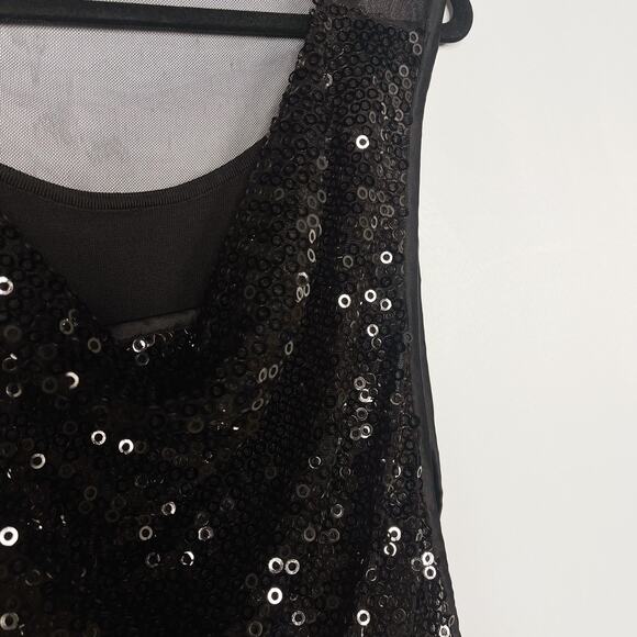 Bebe XSmall XS Black Sequin Layered Sheer Top Cowl Neck Built In Tank Camisole - Picture 5 of 9